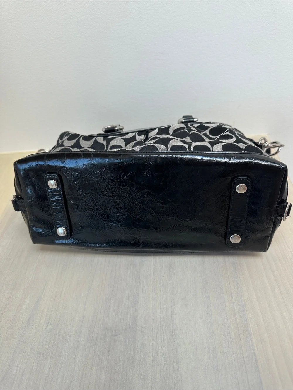 Coach Black & Gray Signature Satchel with Leather Trim